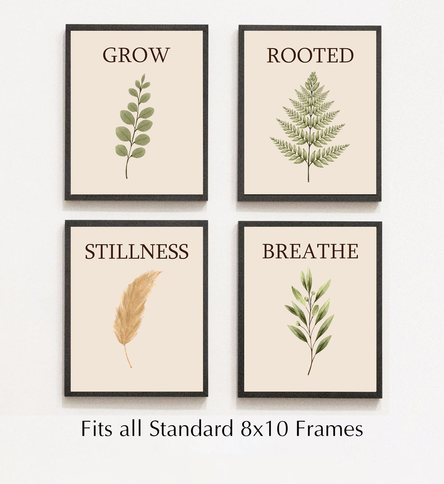 AMERICAN LUXURY GIFTS Breathe Grow Stillness Rooted Botanical Prints - Minimalist Typography Zen Wall Decor for Bedroom Bathroom Office - Set of 4, 8x10 Unframed Prints