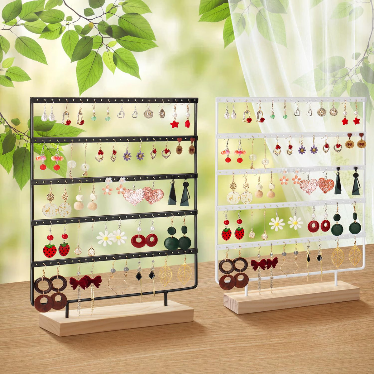 RUINENGDA Jewelry Organizer, 5 Tiers Earring Organizer with 120 Holes for Storing and Displaying Earrings of Various Styles, Models and Sizes, Removable Wooden Base for Home and Store Use