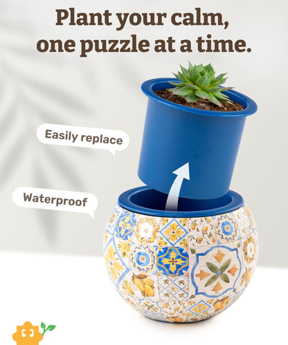 PieceRelax 3D Puzzle Planter - Retro Tiles - Small Round Plant Pots with Drainage, Home Decor Flower Pots for Indoor Cactus, Succulents Pots [K1104]
