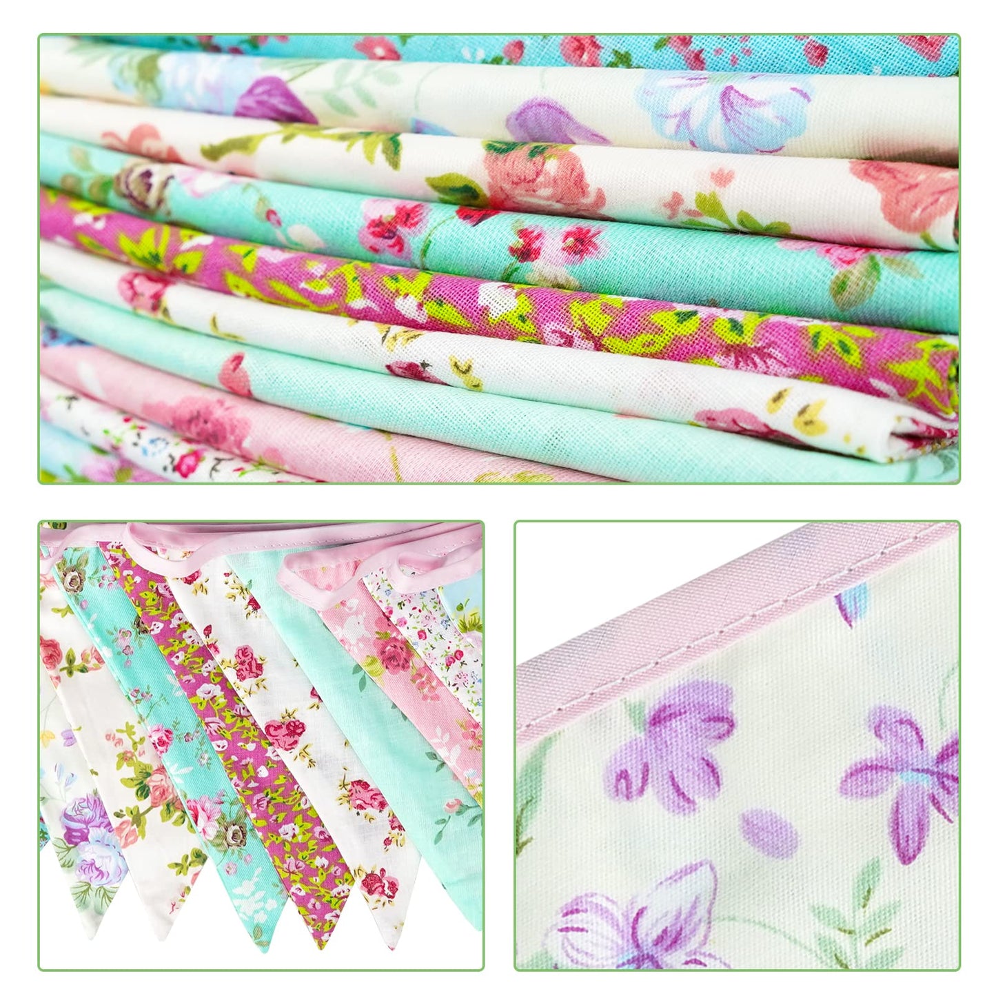 G2PLUS 36PCS Double Sided Fabric Bunting, 10M Blue and Purple Floral Cotton Banner, 17x19CM Large Triangle Garland Reusable for Indoor and Outdoor Party Decoration