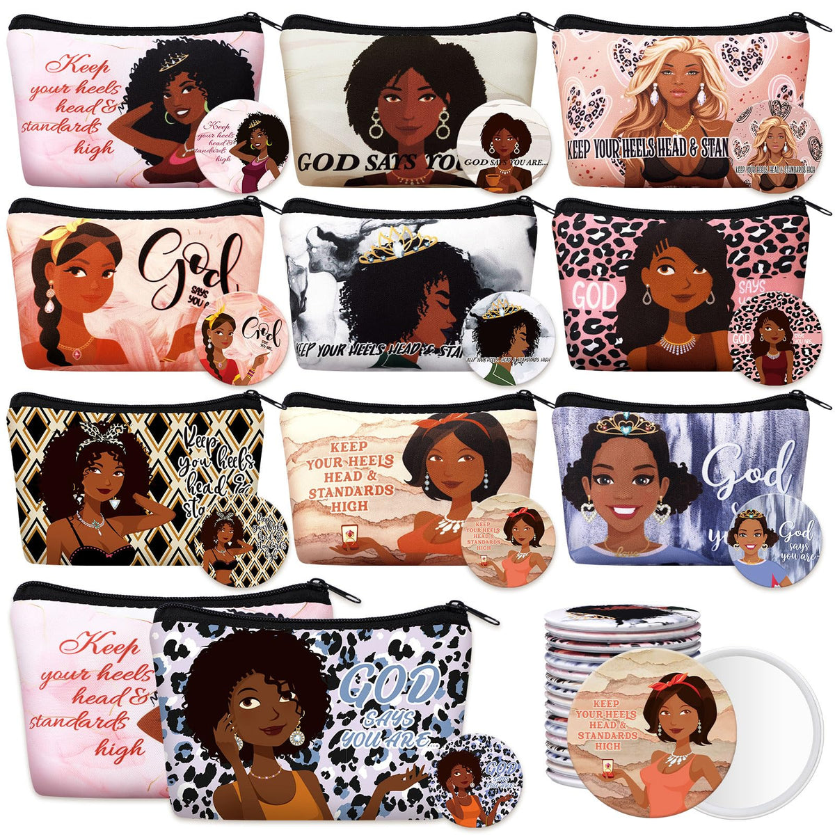 Kacctyen 20 Pcs Black Africa Inspirational Gifts Canvas Cosmetic Bags Compact Mirrors Makeup Bags Thank You Travel Toiletry Pouch Bulk Mothers Day Gifts for Women Teacher Coworker Employee
