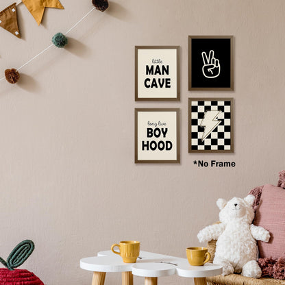 Little Man Cave Retro Preppy Checkered Lightning Peace Sign Long Live Boyhood Poster Prints for Boy Teen Room Dorm Decor, Preppy Yellowish-Black Decorations Prints Wall Art Unframed 4pcs 8x10inches
