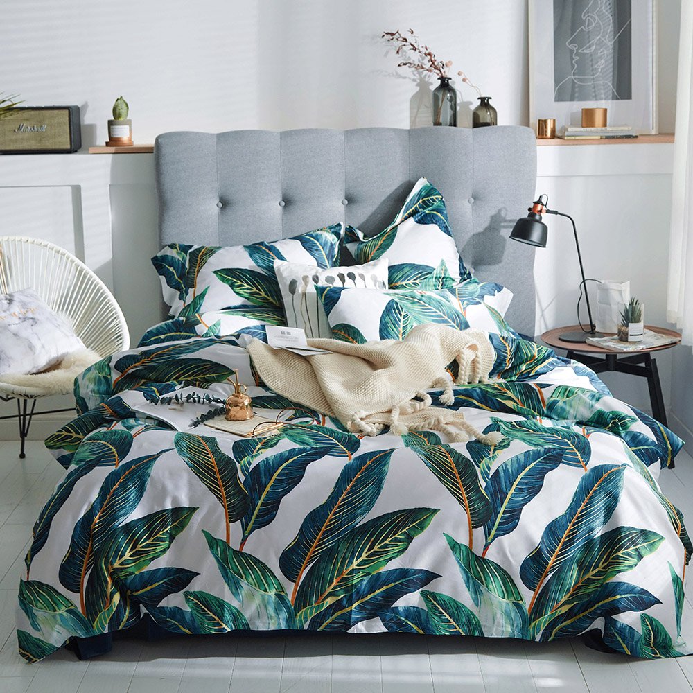 VM VOUGEMARKET Leaves Duvet Cover Set Queen,3 Piece Soft Premium Cotton Green Tropical Palm Tree Comforter Cover with Zipper Closure,Botanical Bedding Set Queen