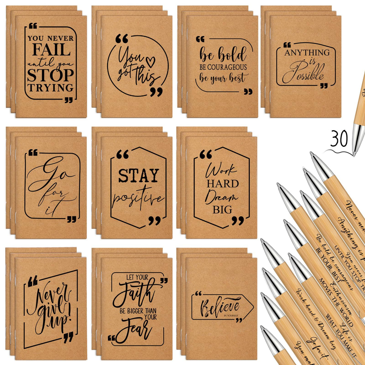 Fulmoon 60 Pcs Motivational Pens Inspirational Notebooks Gifts Bulk Inspirational Ballpoint Pen Small Note Pads Appreciation Gifts for Employee Volunteer Teachers Student Grad Party Favor (Brown)