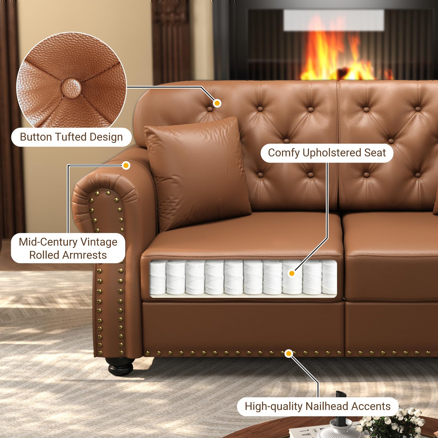 KEIKI 3-Piece Chesterfield Sofa Set with 1 Faux Leather 3-Seater Sofa & 1 Loveseat & 1 Single Sofa, 6-Seater Couch Set with Nailhead Trim & Rolled Arms & 1 Ottoman & 6 Pillow, for Living Room, Brown