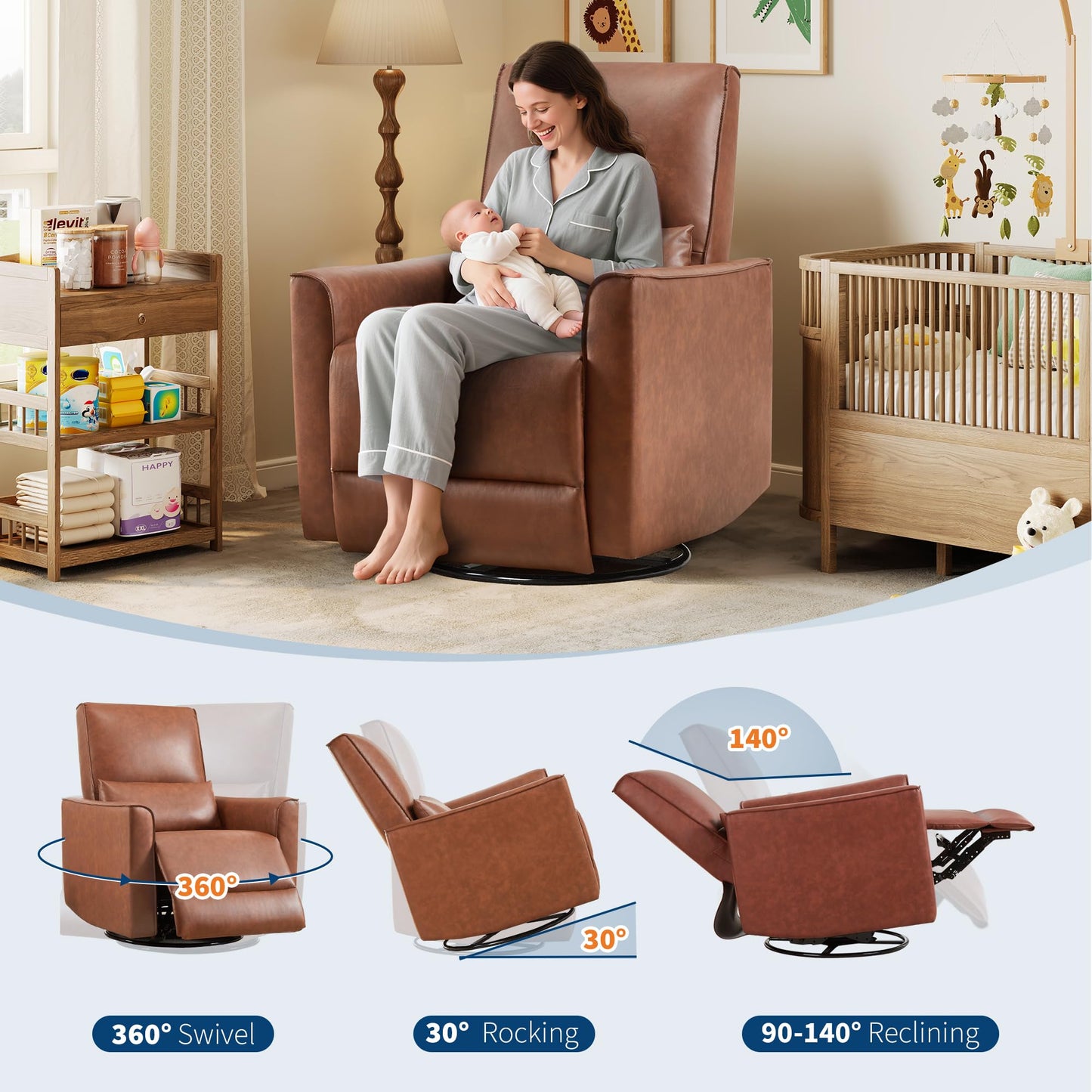 360° Swivel Glider Recliner Chair with Lumbar Support - Ergonomic PU Leather Manual Rocking Chair for Nursery, Living Room, Bedroom, Home Office
