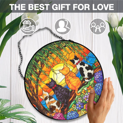 LIANGEAGOM Cat Flower Stained Glass Window Hanging, Cat Mom Lovers Gifts for Women, Nature Sunset Kitten Landscape Suncatchers Sun Catchers Indoor Window Glass Wall Art Decorations, 7.9x7.9in, Patio