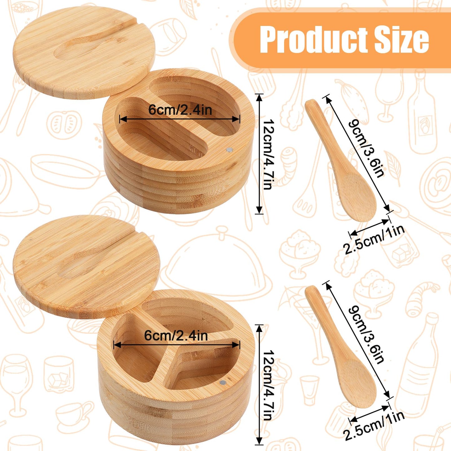 SHENLIU 2 Pack Acacia Wood Salt and Pepper Bowl Box, Built-in Spoon, 2 & 3 Compartments Spices Seasoning Container, Sea Salt Cellar Holder, Magnetic Swivel Lid Bamboo Salt Box for Salt Sugar Pepper