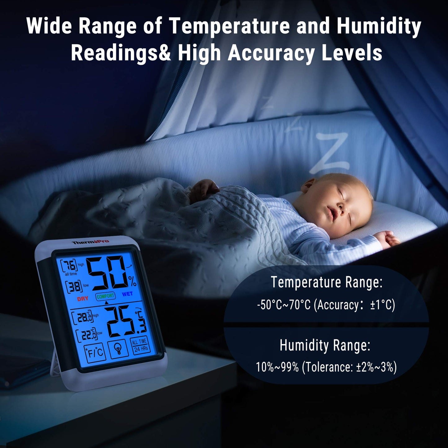 ThermoPro TP55 Digital Room Thermometer Temperature and Humidity Monitor with All Time or 24hrs Max and Min Records for Temperature and Humidity Baby Room Thermometer with Large Backlight Touchscreen