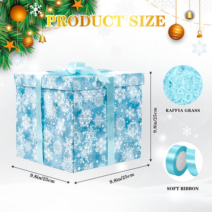Jaywayang 10" Large Christmas Gift Box with Lid and Ribbon, Blue Snowflake Gift Box with Paper Filler for Holiday Xmas Presents Wrapping.