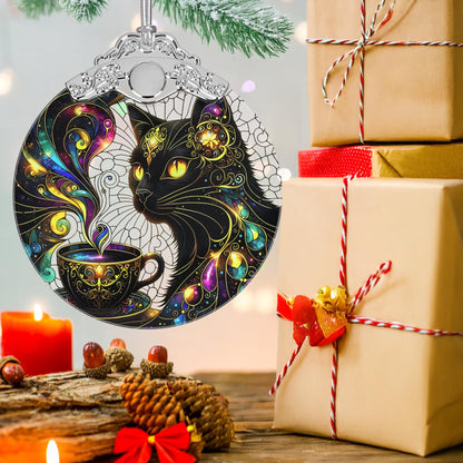 Stained Glass Cat Christmas Tree Ornaments - Black Cat Xmas Gift for Friend, Family or Coworker