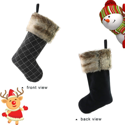 WEWILL 19'' 3 PCS Buffalo Plaid Christmas Stocking Decoration with Faux Fur Cuff Themed with Xmas Holiday Party Fireplace Decor Gifts for Family