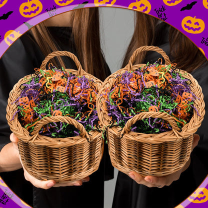 Kosiz 1 lb Halloween Crinkle Cut Paper Shred Black Orange Purple Raffia Paper Shred Filler with Pumpkin Confetti for Gift Wrapping Craft DIY Basket Box Trick or Treat Halloween Party Supply