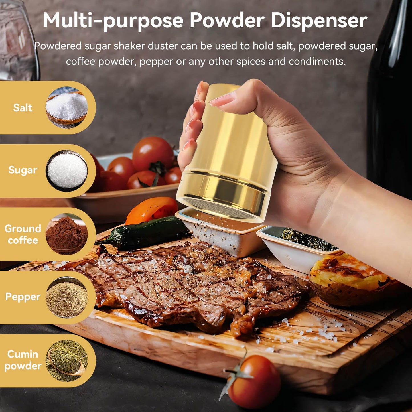 Stainless Steel Dredge Shaker, Powder Sugar Dispenser Fine Mesh Powder Sugar Shaker with Lid Gold Salt and Pepper Shakers for Kitchen Powdered Sugar Shaker