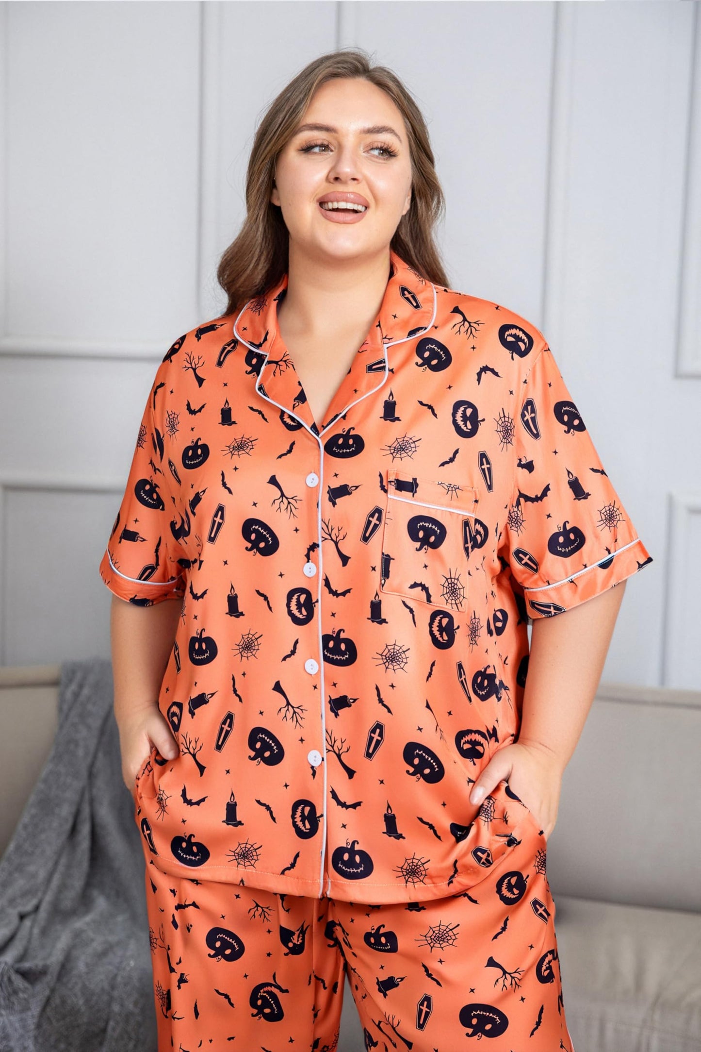 Vozanet Women's Plus Size Pajamas Button Down Shirt and Pants Soft Lounge Sets Bride Nighty Bottom with Pockets 1x to 5x, Orange Black, 4X-Large