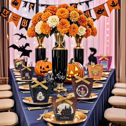 SLShePack 48 Set Halloween Treat Boxes with Ribbons,6 Patterns Gift Bags for Coworkers Decorations Boxes Party Favors Boxes