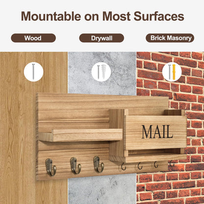 Lwenki Mail Organizer for Wall Mount – Key Holder with Shelf Includes Letter Holder and Hooks for Hallway Farmhouse Decor – Rustic Wood with Flush Mounting Hardware (16.5” x 9.1” x 3.4”) (Wood)