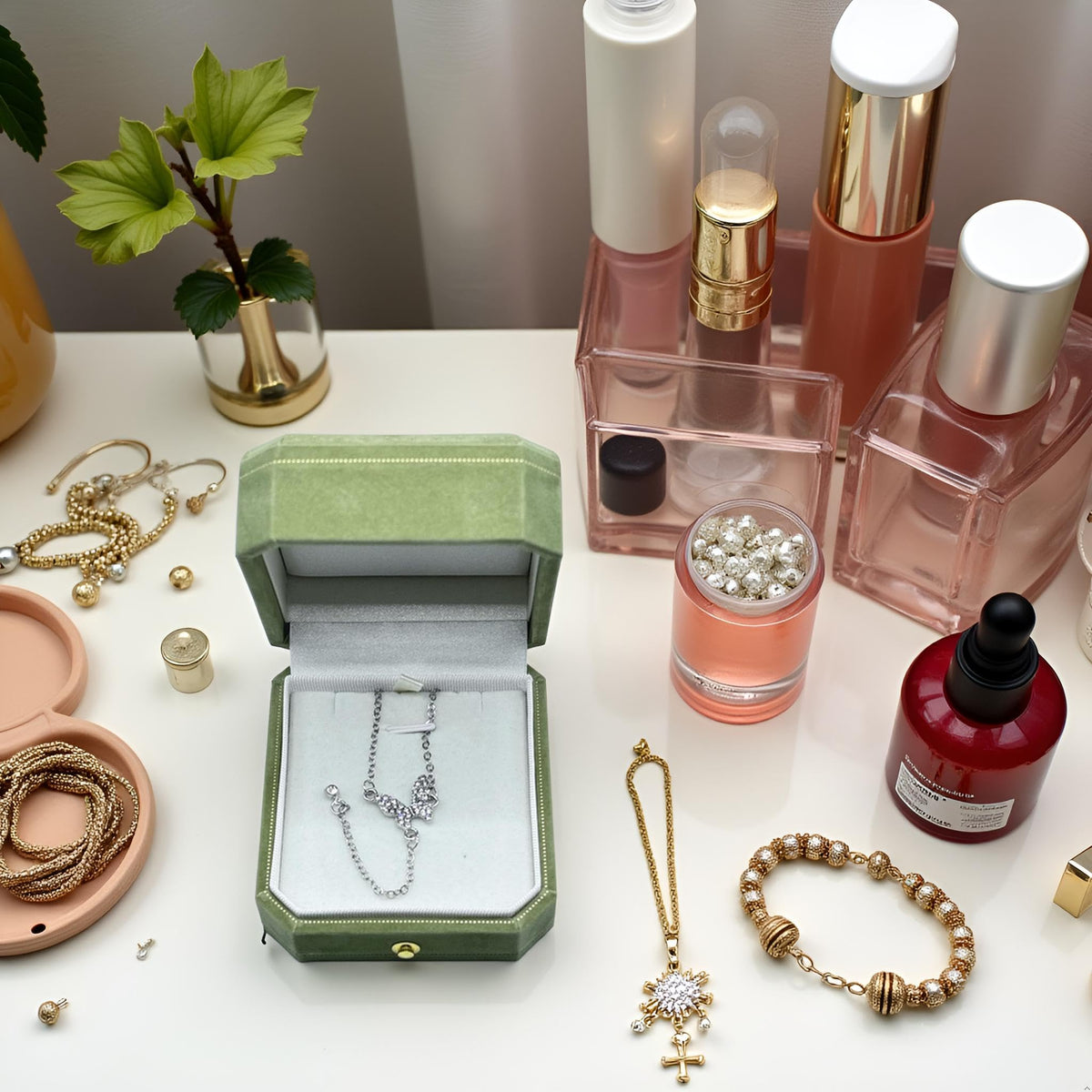 WHSLILR Velvet Necklace Box - Octagon Engagement Necklace Box with Hinged Lid for Proposal Engagement Wedding, Necklace Case Jewelry Box with Gold Lace - PRB007-Green