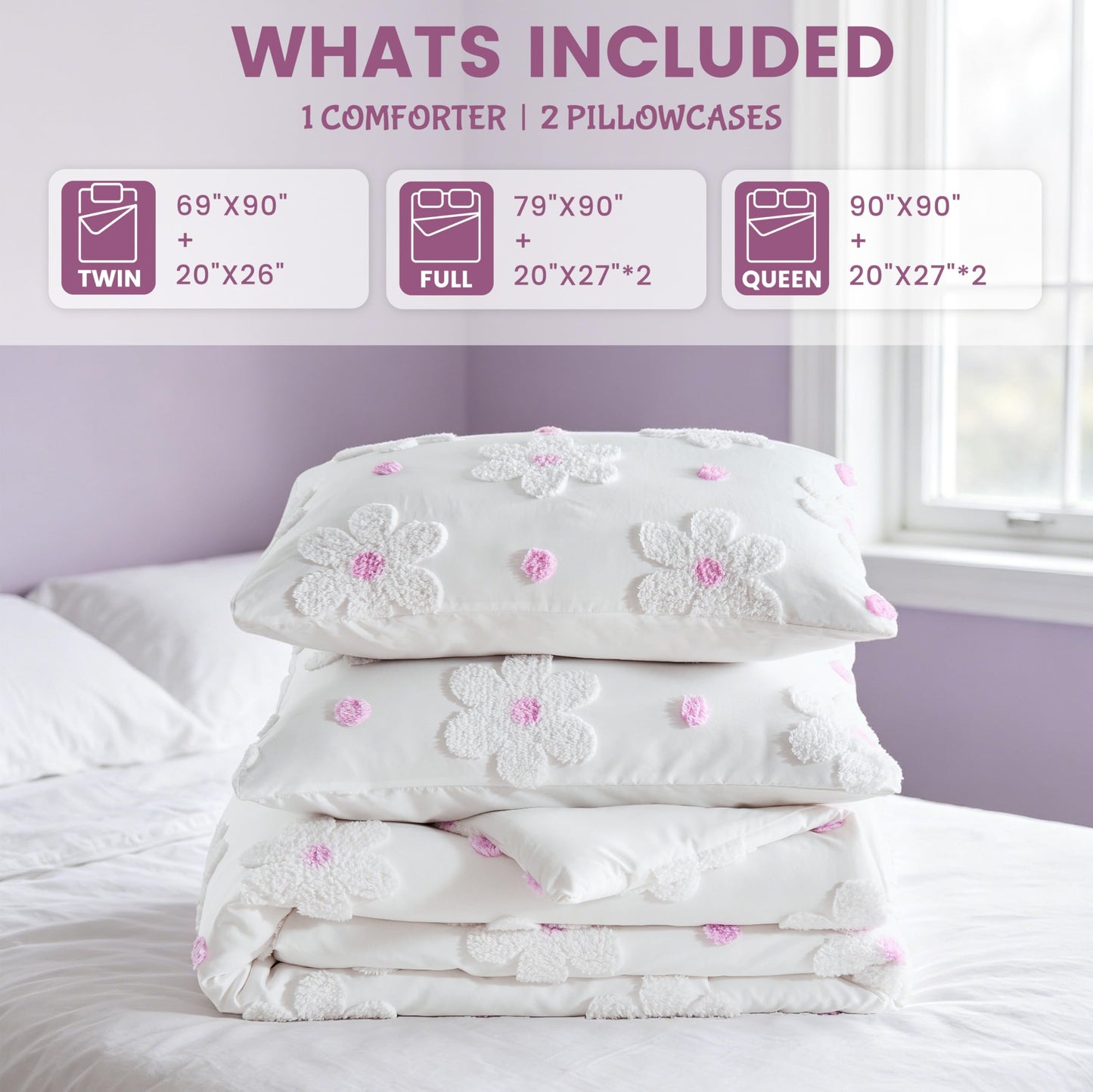 CotComf Twin Comforter Set for Girls 2 Pieces Tufted Daisies Flowers Soft Pink Floral Twin Size Bedding Set Bed in A Bag Cute Comforter Set for Kids, Lightweight Bed Set for Kids Teen Girls Women