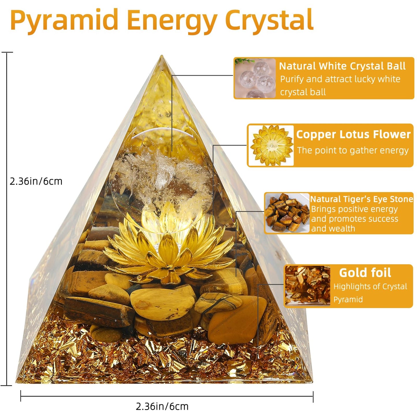 Hopeseed Orgone Pyramid Flower of Life Orgonite Money Healing Crystals Pyramid for Positive Energy with Tiger's Eye Stones and Luck White Crystal that Promotes Wealth, Prosperity and attracts Success