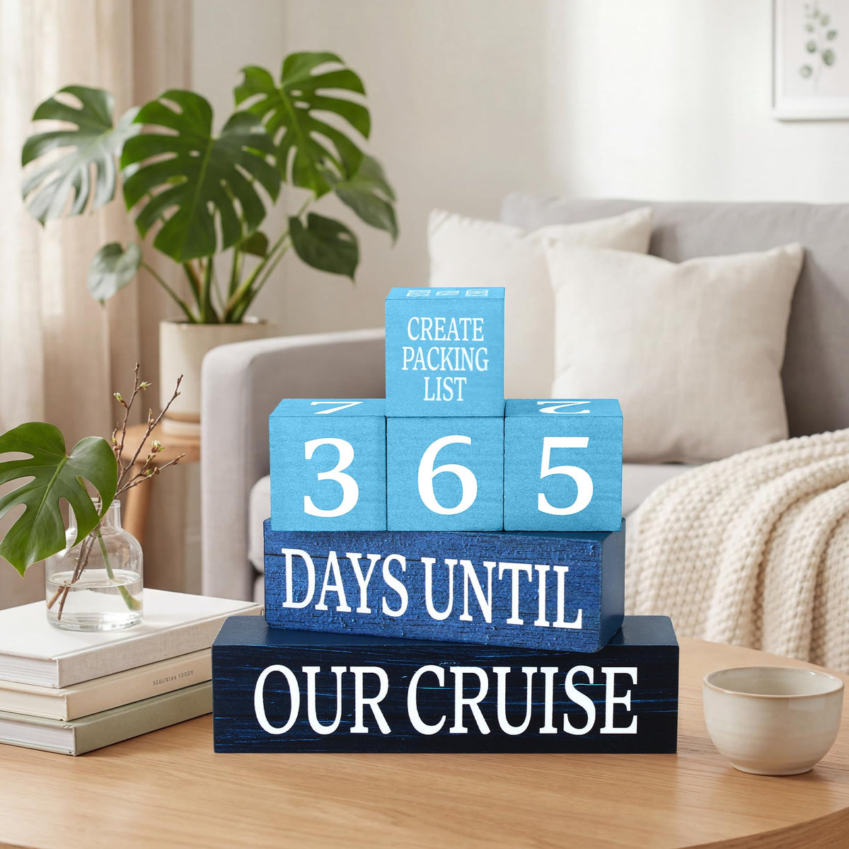 7 Pcs 365 Days Cruise Countdown Wooden Table Decor, Cruise Activities Decision Dice Table Decorations for Home Office