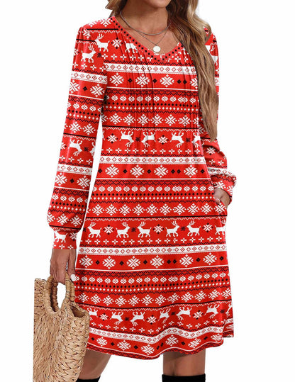 Zeagoo Christmas Dress for Women Reindeer Printed Dresses for Xmas 2025 Fall Winter Holiday Dress Red Holiday,Xmas Reindeer L