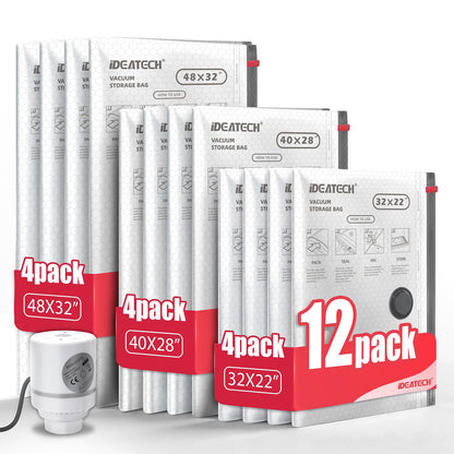 IDEATECH 12Pack Vacuum Storage Bags with Electric Pump, Jumbo Vacuum Seal Bags for Clothing, Bedding & Blankets, Heavy Duty Compression Space Saver Bags with Airtight Seal, Seasonal Storage-4M+4L+4XL