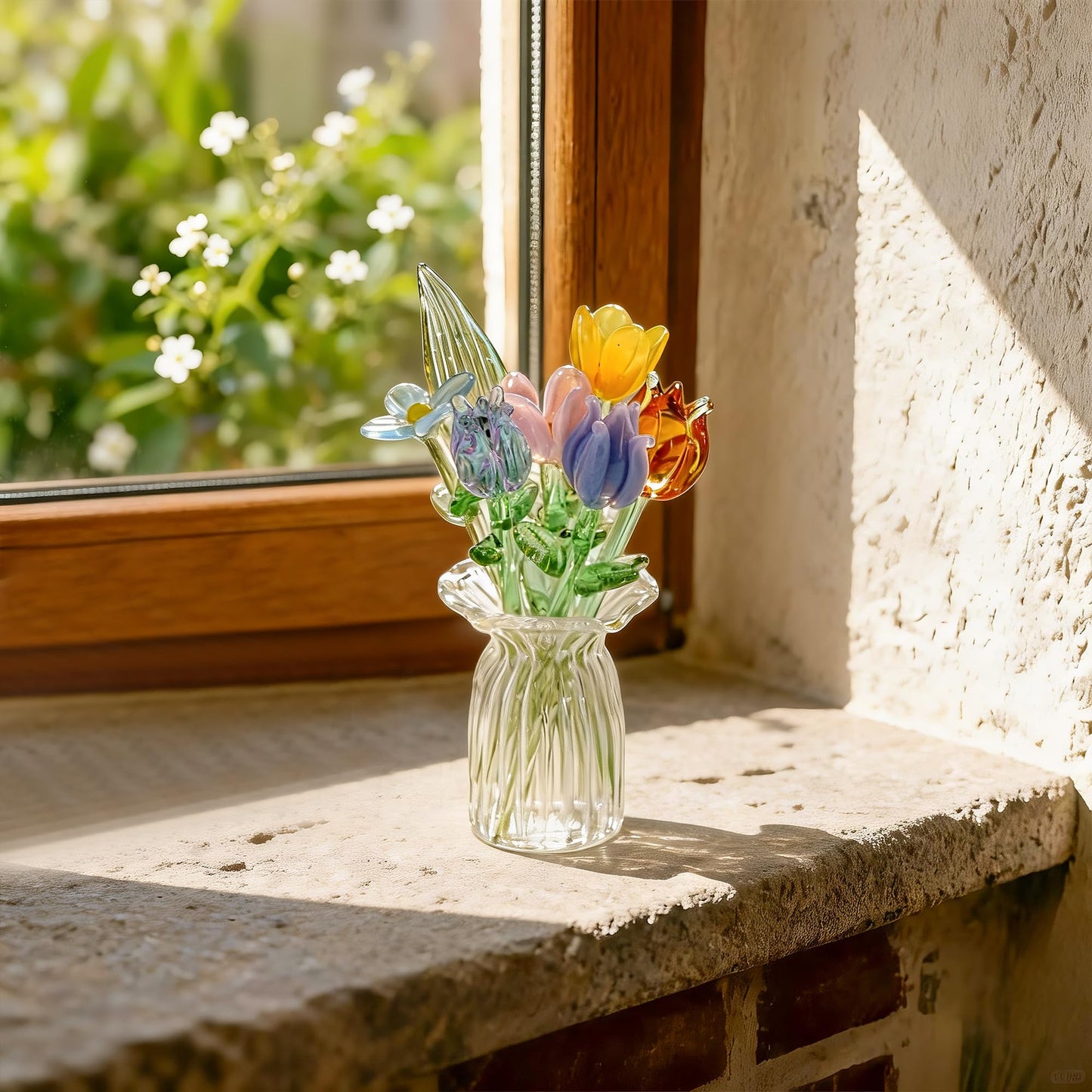 H&D HYALINE & DORA 7 Pcs Mini Glass Flower Hand Blown Glass Artificial Flowers with Clear Vase Crystal Wildflower Collectible Ornament for Women Mom Wedding Home Table Centerpiece(Style 1)