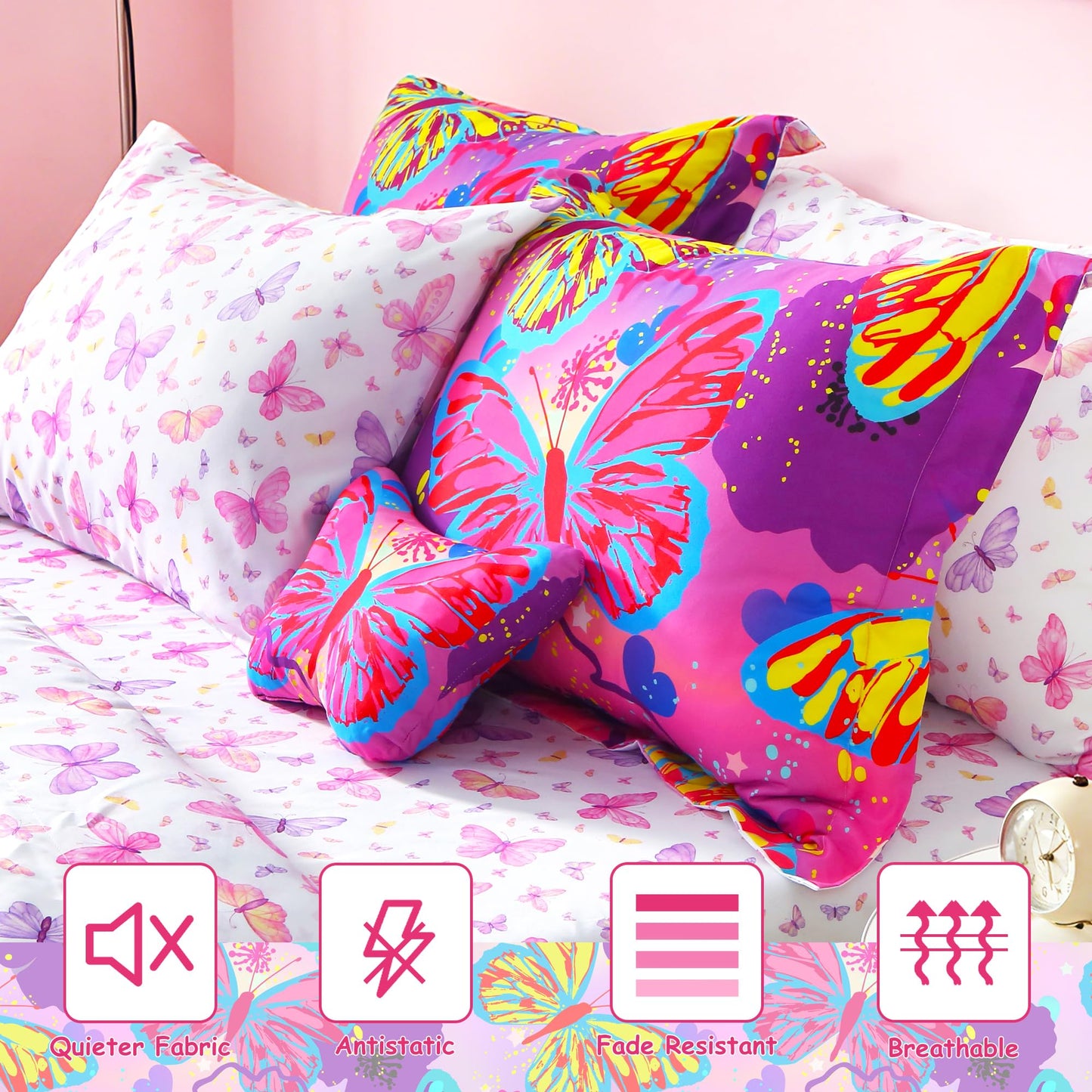 Mooreeke Kids Twin Comforter Sets for Girls 6 Pieces Pink Purple Bedding Set for Teens Microfiber Butterfly Kids Bed in A Bag with Comforter, Sheet Set, Shams and Decorative Toy Pillow