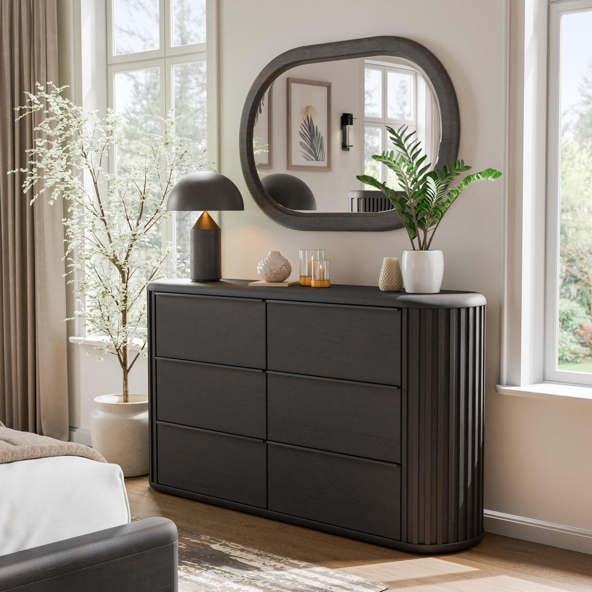 Furniture of America Elizea Modern Contemporary Solid Wood 5-Piece Queen Panel Bedroom Set with USB Ports, Fluted Headboard and Dust-Proof Case, Box Spring Needed, Black