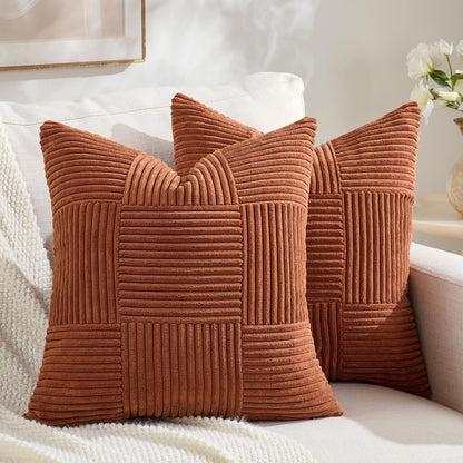 Fancy Homi Set of 2 Rust Boho Decorative Throw Pillow Covers 20x20 Inch for Living Room Bedroom Couch Bed Sofa, Modern Farmhouse Home Decor, Soft Striped Patchwork Plaid Corduroy Accent Cushion Case