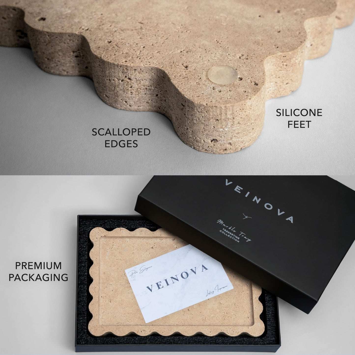 Veinova Scalloped Travertine Tray, Elegant Decorative Natural Marble Tray for Vanity, Bathroom, Kitchen and Home Decor, Pure Natural Stone, Premium Packaging, Large (12"x 8")