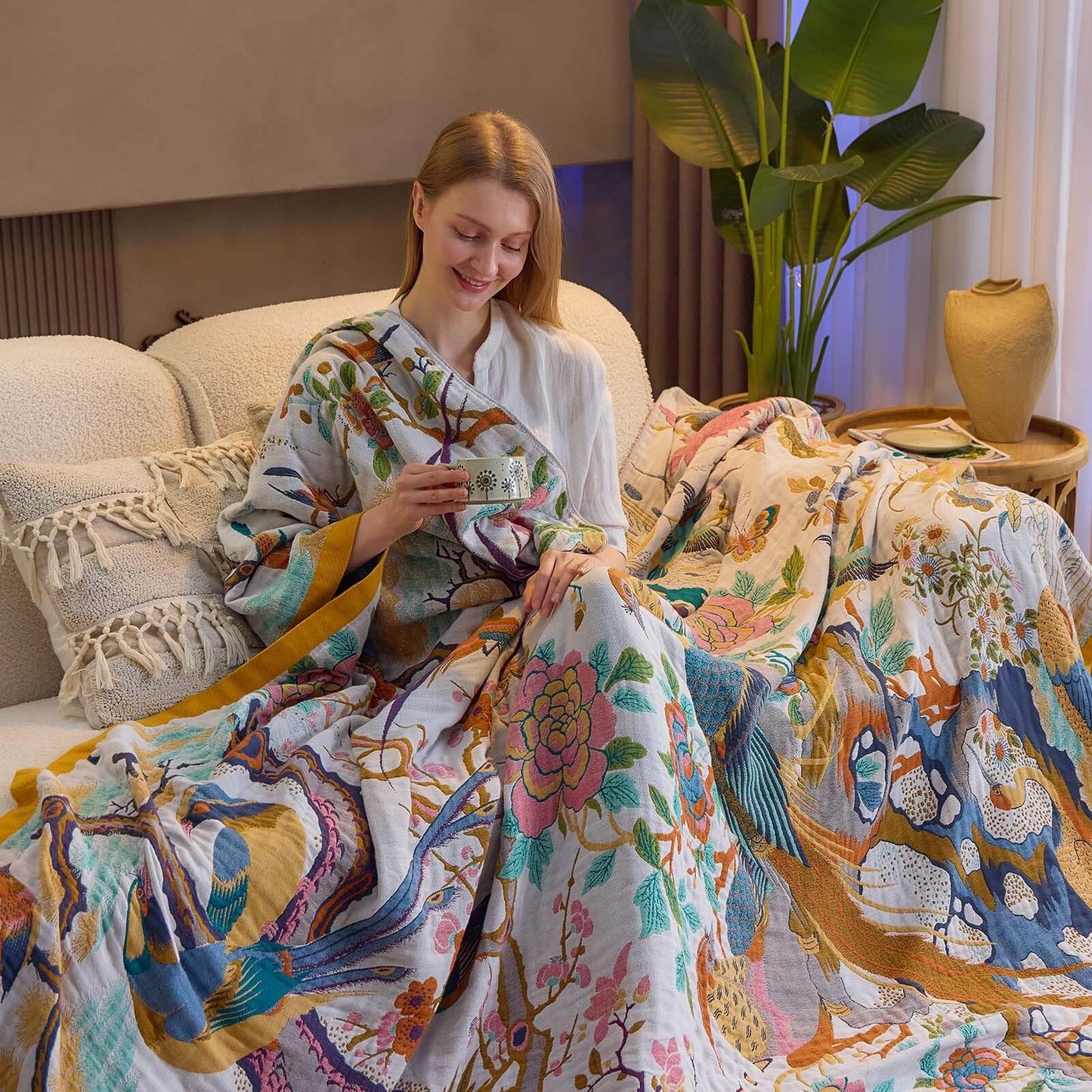 XIBLC Fall Throw Blanket for Couch, Yellow Boho Decorative Throw Blanket, 100% Cotton Muslin Breathable Woven Farmhouse Blankets Quilt, 60"x80" Reversible Lightweight Blankets Bohemian Throw Quilt