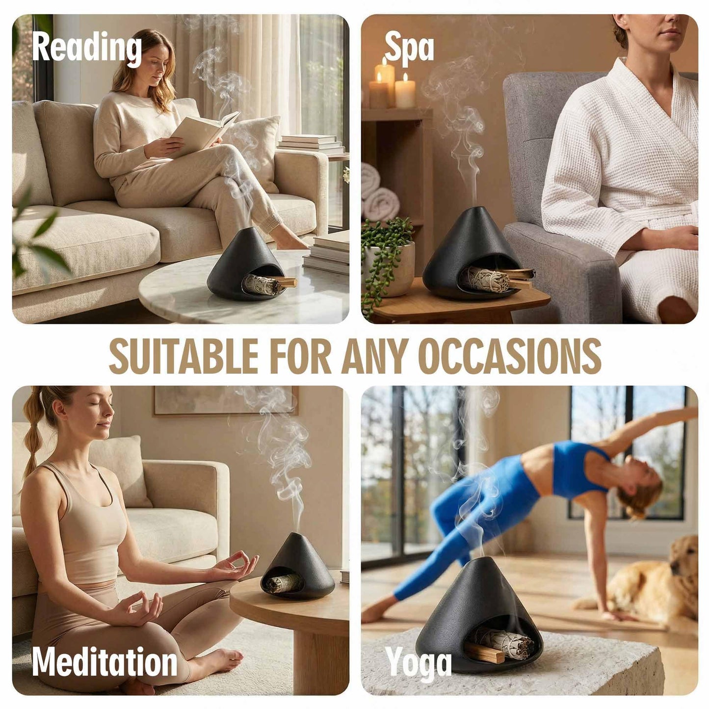 Ceramic Palo Santo Holder Incense Burner, Black Cone Mini Fireplace for Sage Sticks Burner with Chimney Handmade for Cedar,Yoga, Anxiety Relief Meditation for Women