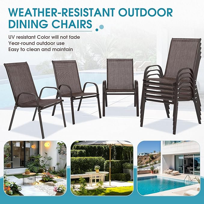 Outdoor Stackable Chairs Set of 8, Stacking Patio Chairs with Textilene Fabric, Outside Furniture for Garden Backyard Balconie Poolside Deck, Brown