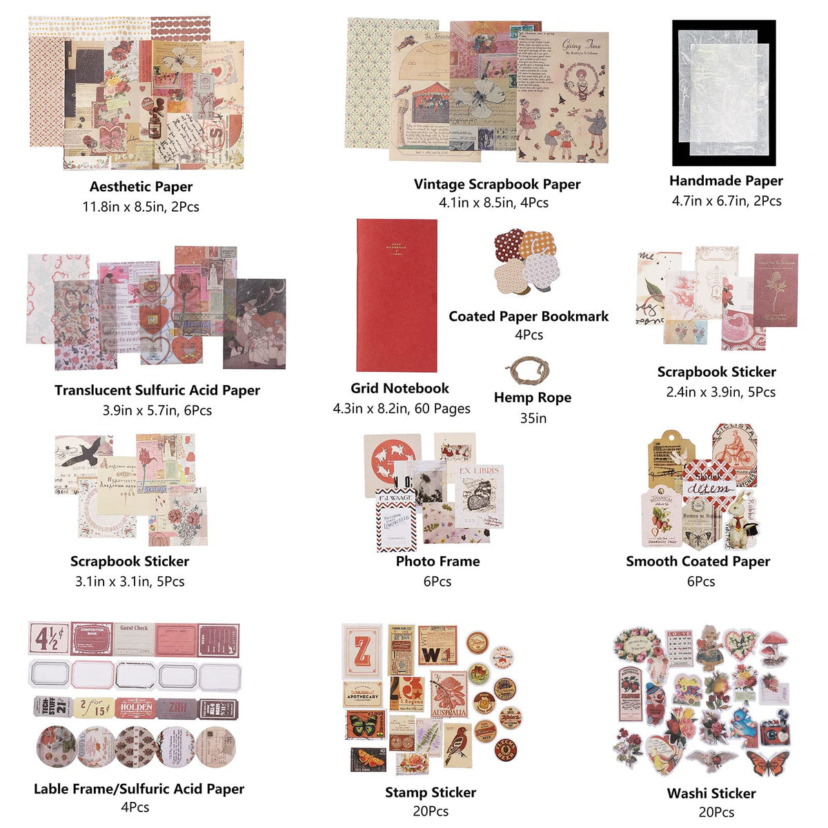 JOYCHOIC Vintage Scrapbook Supplies Aesthetic Journaling Kit, Scrapbook Papers Quote Stickers TN Notebook Large Collection for Bullet Junk Journal, Planner DIY Arts Craft Collage