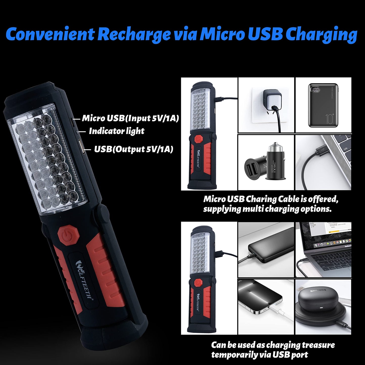 Wolfteeth Rechargeable Work Light, Inspection Lamp, Magnetic Torches Led Super Bright, Emergency Backup Lights Mechanic Tools Camping Flashlight, Gifts for Men Husband