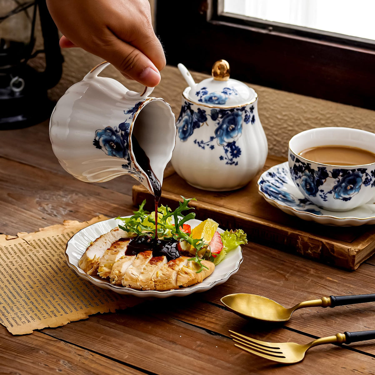 Agyiuns Ceramic Sugar and Creamer Set, 3 Piece with Cream Pitcher, Sugar Bowl with Lid and Spoon,Coffee and Tea Serving Set (White with blue flower)