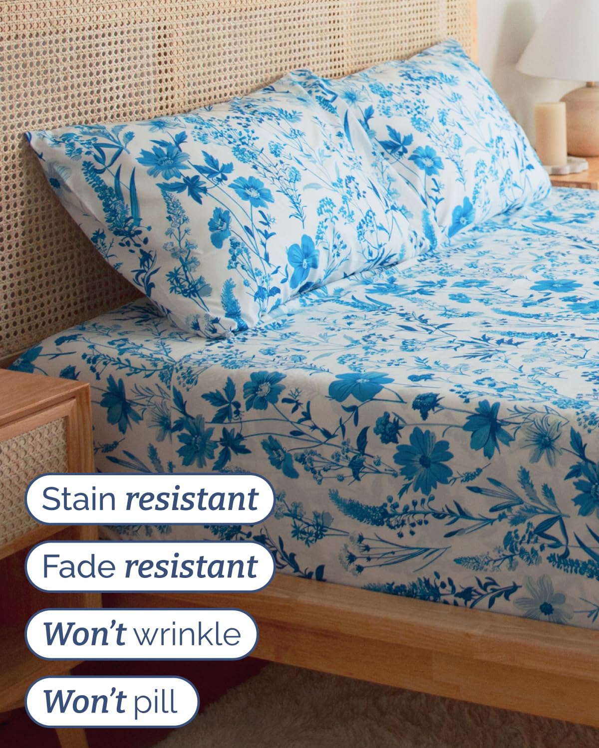 Floral Sheets - White & Blue Bed Sheet Set - 1 Flat, 1 Fitted & 2 Pillowcases w/ Deep Pockets - Comfy, Cozy, Wrinkle & Fade Free - Boho Botanical Bedding - Soft, Breathable & Cooling - Full Size Set