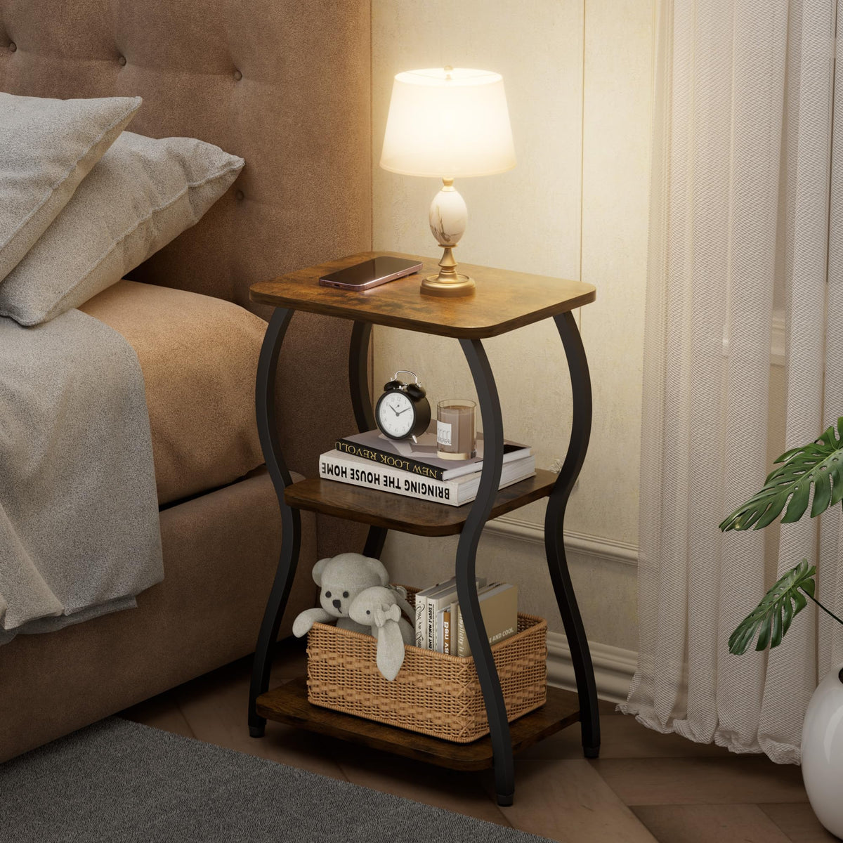 JUSTOGO Side Table, Small End Table for Small Spaces, 3-Tier Tall Nightstand Sofa Corner Accent Table Coffee Table with Storage Shelf for Living Room, Bedroom, Patio, Home Decor, Rustic Brown