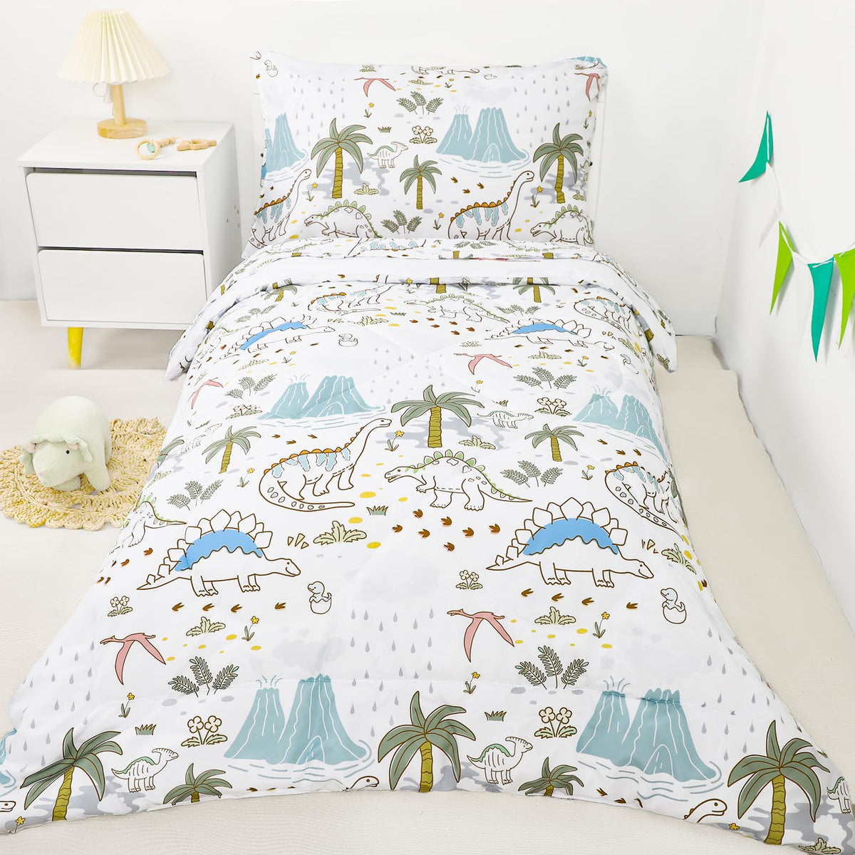 SWESEN Toddler Bedding Set for Boys, Cute Dinosaurs Toddler Boy Bedding Set, Soft & Lightweight 4 Piece Toddler Comforter Sets Include Comforter, Flat Sheet, Fitted Sheet, Pillowcase