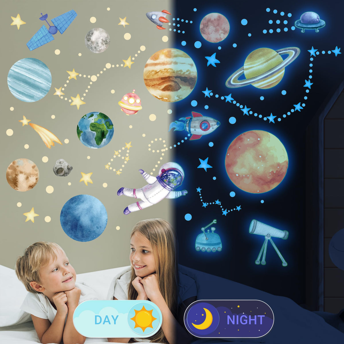 Watercolor Solar System Wall Decals, Glow in The Dark Stars, Kids Planets Sticker for Ceiling, Astronaut Wall Stickers for Bedroom, Blue