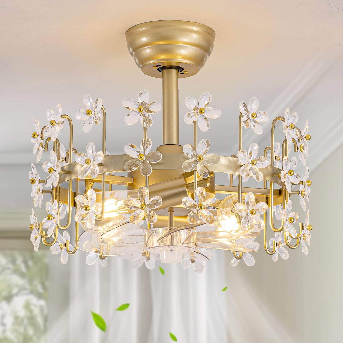 YEDAORL Modern Gold Crystal Fandelier Ceiling Fans with Lights and Remote,Chandelier Fan for Girl's Bedroom,Living Room