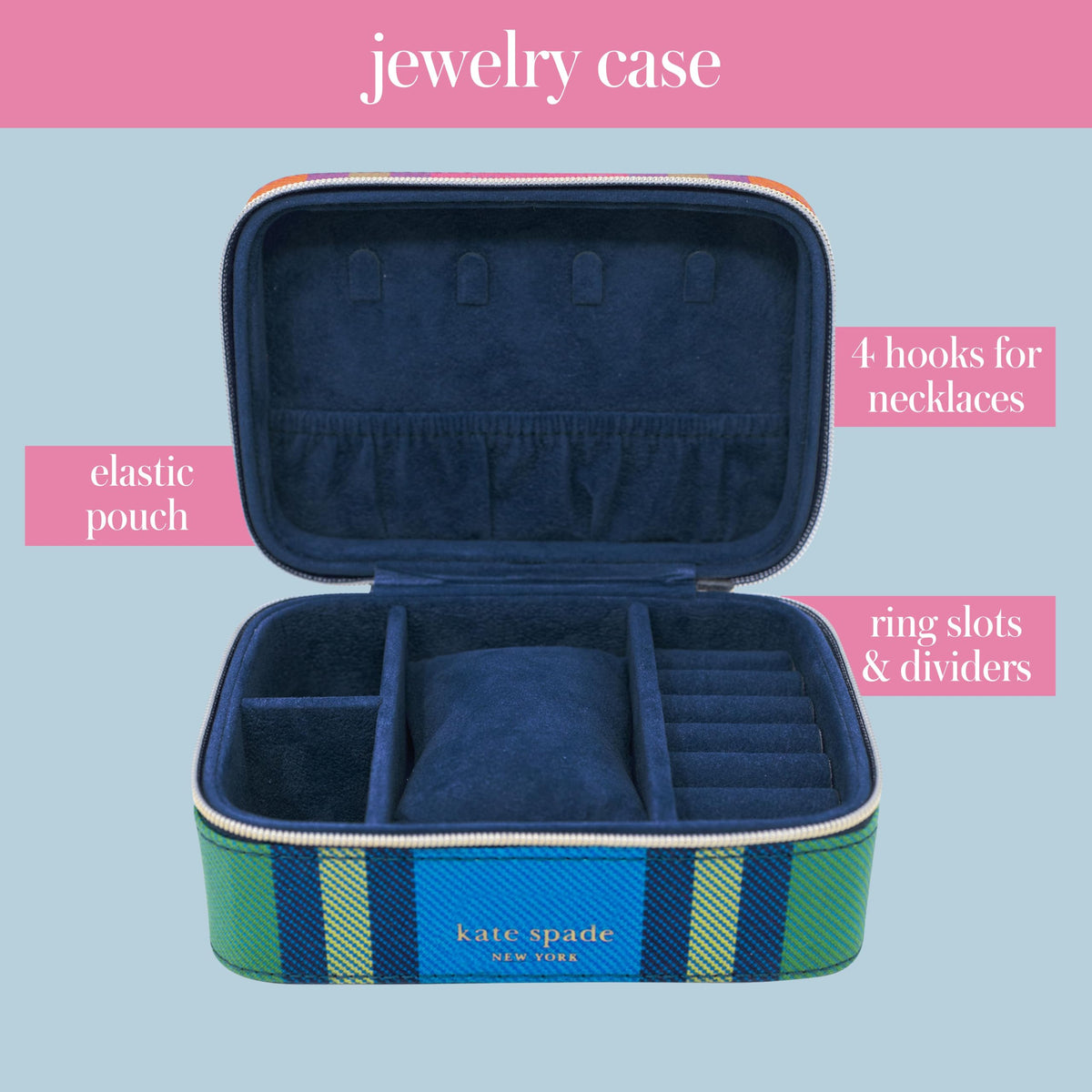 kate spade new york Black Travel Jewelry Case, Small Jewelry Box to Organize Rings, Necklaces, Earrings, Grand Plaid Duo