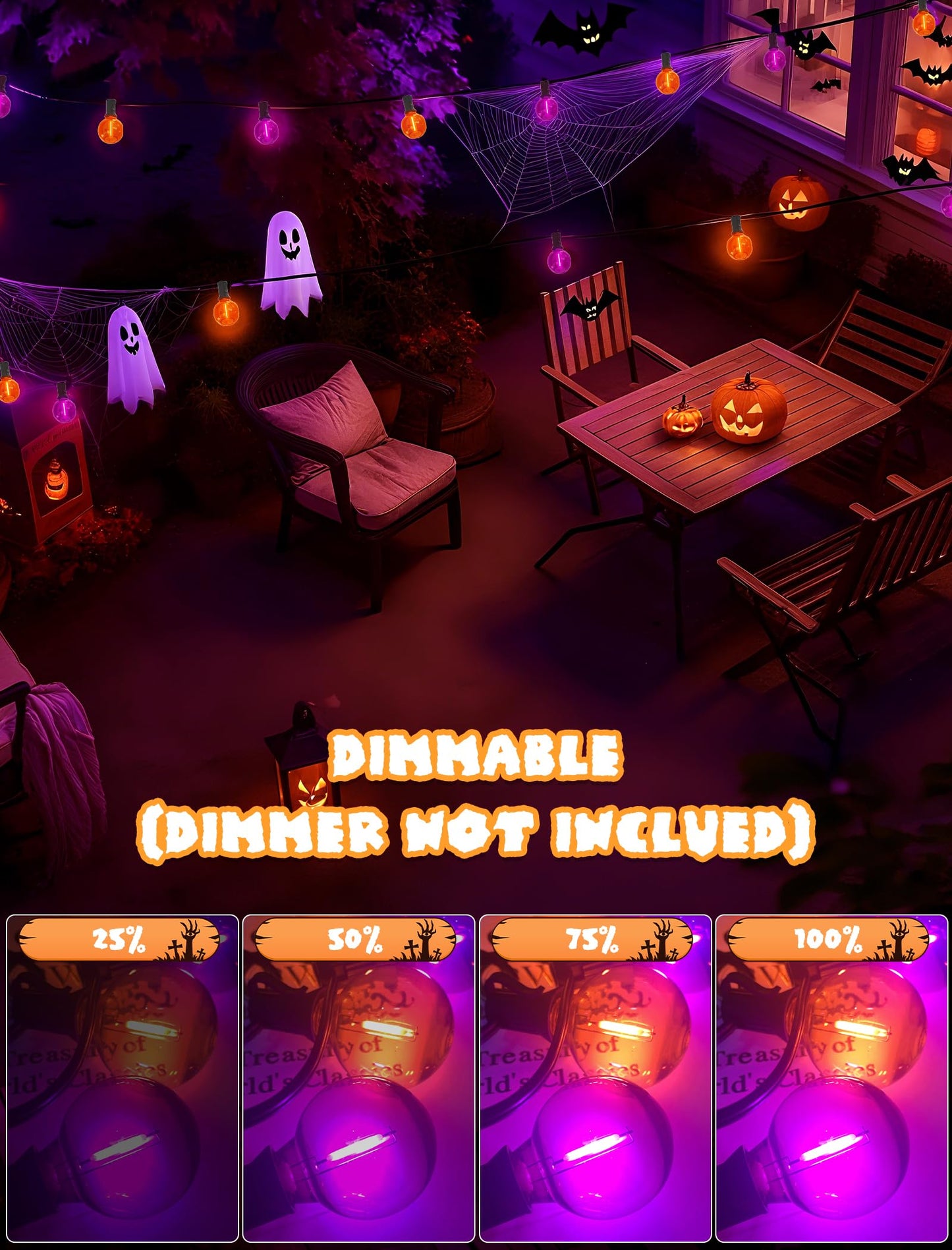 Pallerina Purple and Orange Halloween Lights,25FT 27 LED G40 Globe String Lights,Waterproof Halloween Decorations for Outdoor Indoor Haunted Patio Home Party Garden Yard Decor