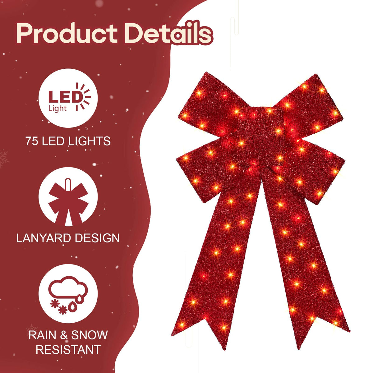30 Inch Lighted Christmas Bow, 75 LED Pre-lit Outdoor Christmas Bow Decoration, Large Lighted Xmas Outdoor Bow for Front Door, Windows, Wall, Garage Decoration