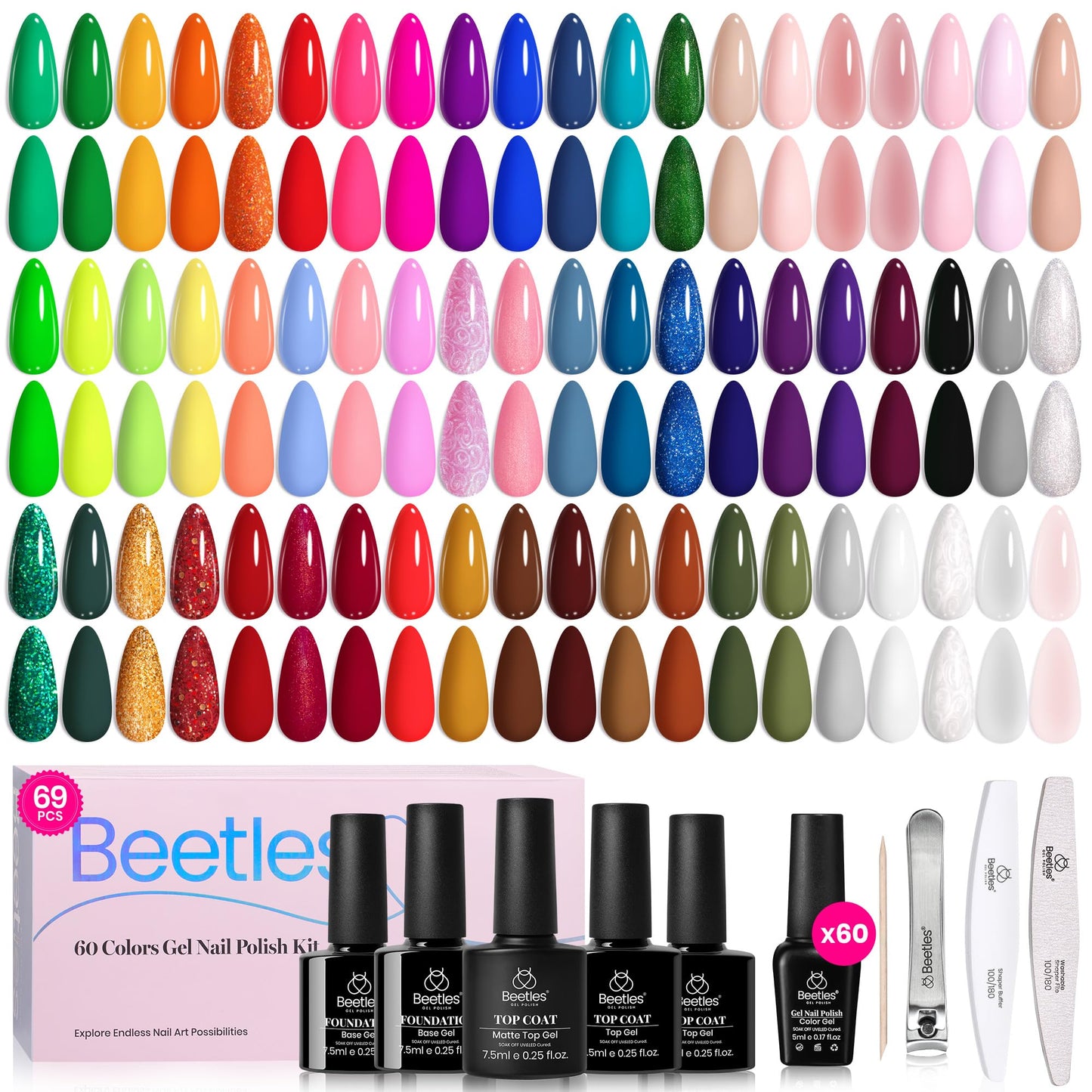 Beetles Cat Eye Gel Polish Set - 24Pcs 20 Colors Glitter Dark Color Changing Gel Nail Polish Kit with Base Gel Glossy Matte Top Coat Soak off UV DIY Nail Art Salon Ombre Black Nails Gift
