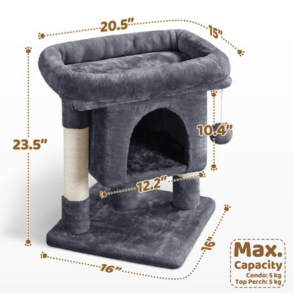 Yaheetech 59cm Basic Cat Tree Tower, Cat Scratching Post w/Oversized Perches, Condo and Hanging Ball, Pet Furniture House for Kittens Pets, Dark Grey