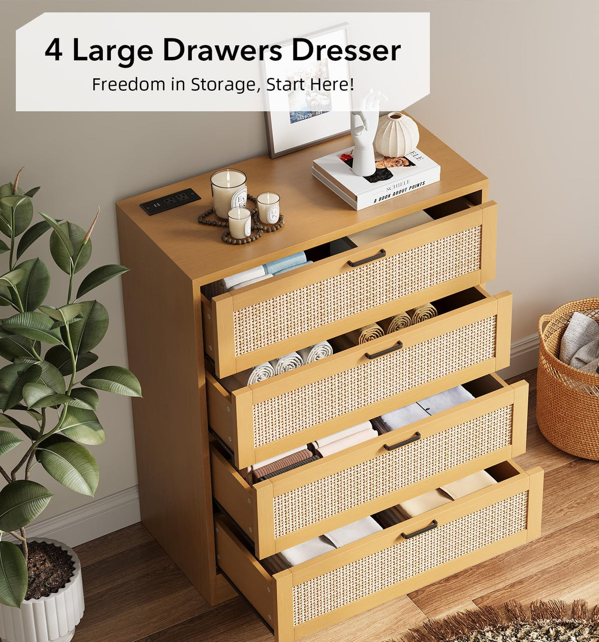 GarveeHome Rattan Dresser, Tall Chest of Drawers, Wood Dresser for Bedroom, Closet, Living Room, Hallway (Natural, 15.8" D x 31.5" W x 38.6" H (4 Rattan Drawers))