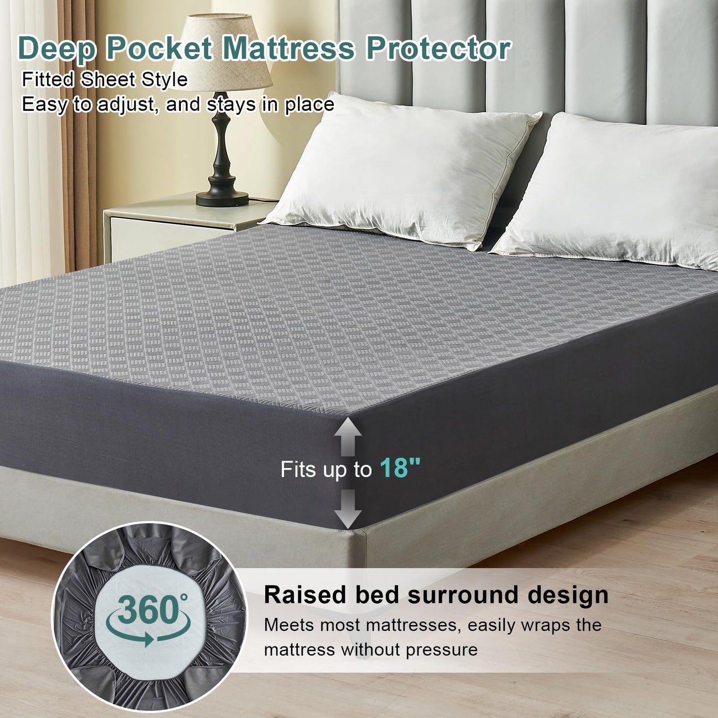 Inooro Queen Size Waterproof Mattress Protector, Breathable Bed Cover with 6 to 18 Inch Deep Pocket, Cooling Quiet Fitted Sheet, Noiseless Machine Washable for Home Bedroom Hotel, Gray (60x80 Inches)
